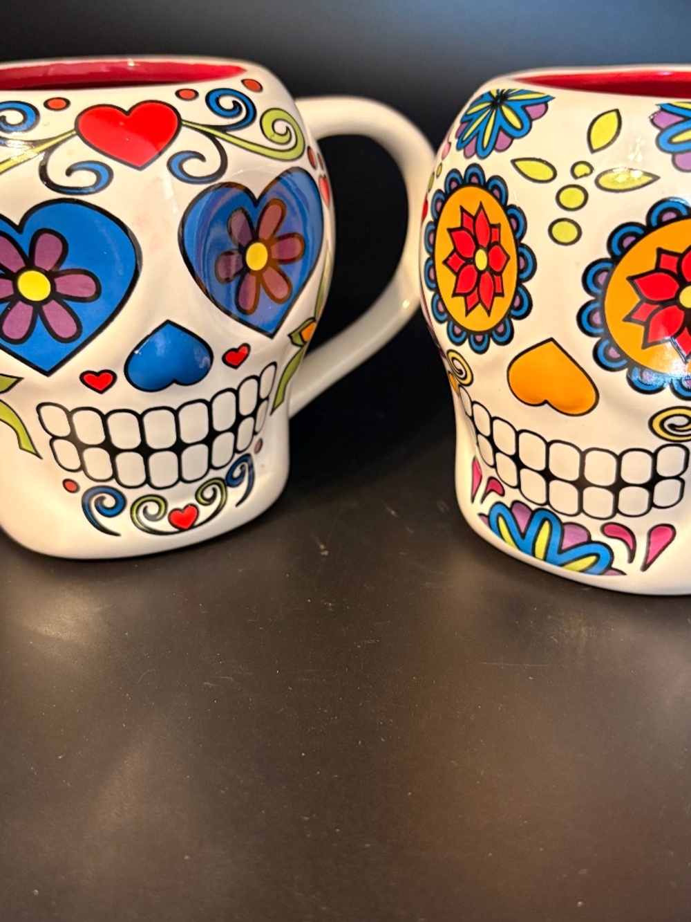 Pair of Sugar Skull Day of the Dead Sculpted Ceramic Mugs Red Interior 4"